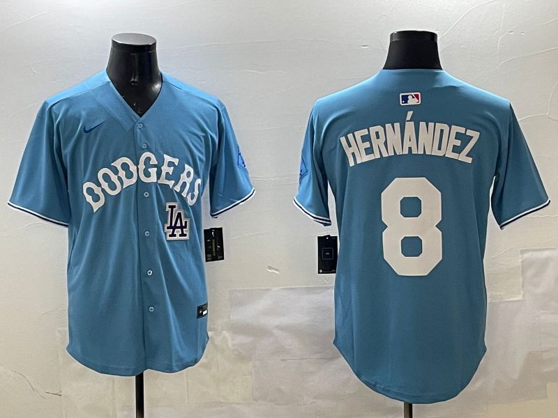Men Los Angeles Dodgers 8 Hernandez Light Blue Throwback Game 2025 Nike MLB Jersey style 12